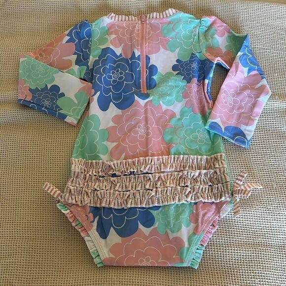 SOLd RuffleButts Baby UPF50+ Floral Printed Long Sleeve One Rash Guard, 2T, NWT - Picture 6 of 10